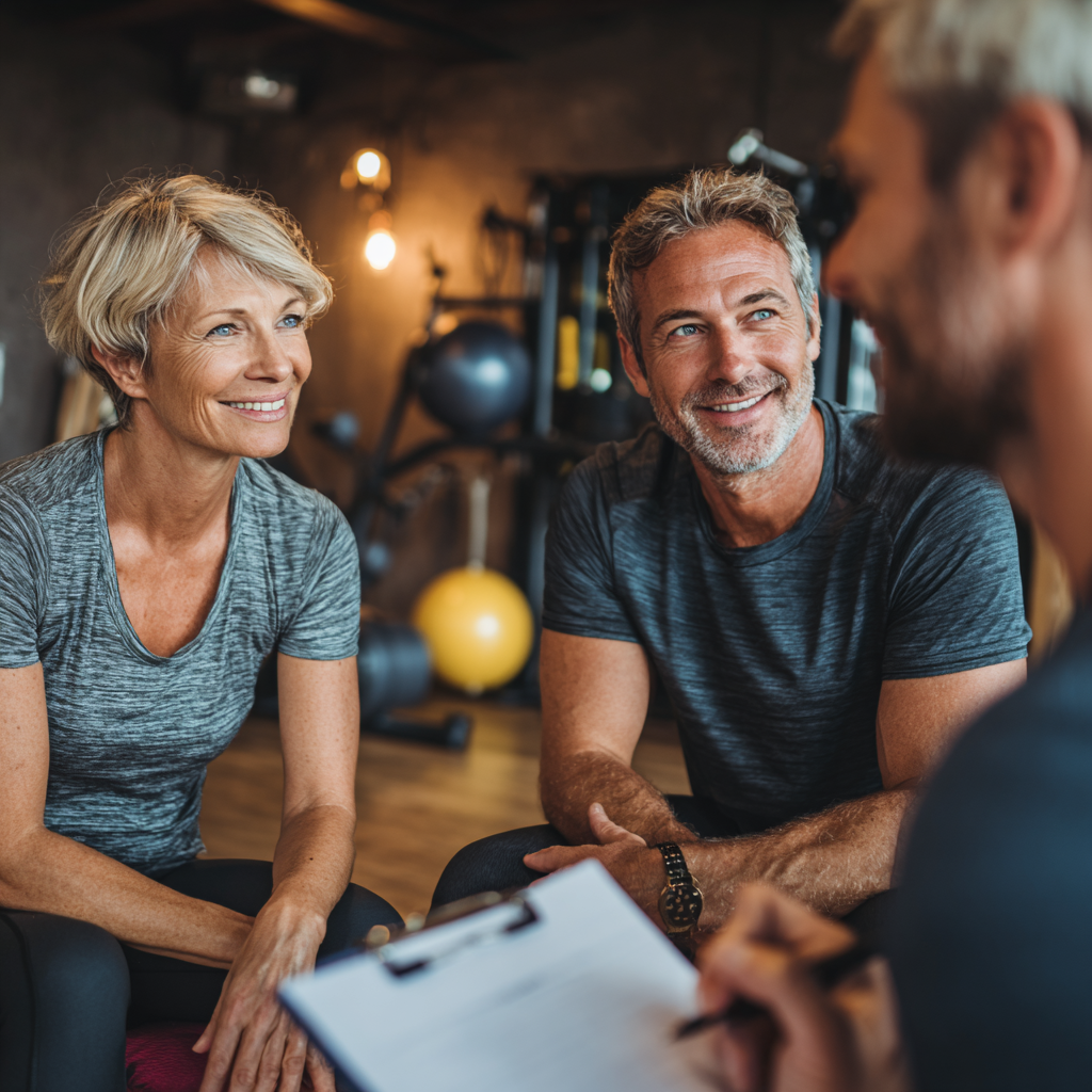 Middle-aged adults discussing fitness goals in comfortable setting