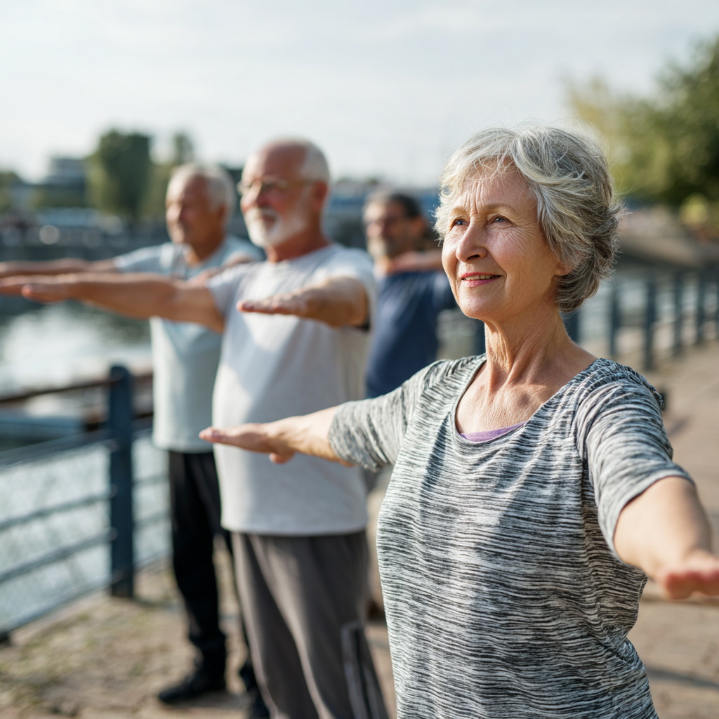 Older adults practicing gentle movement exercises outdoors